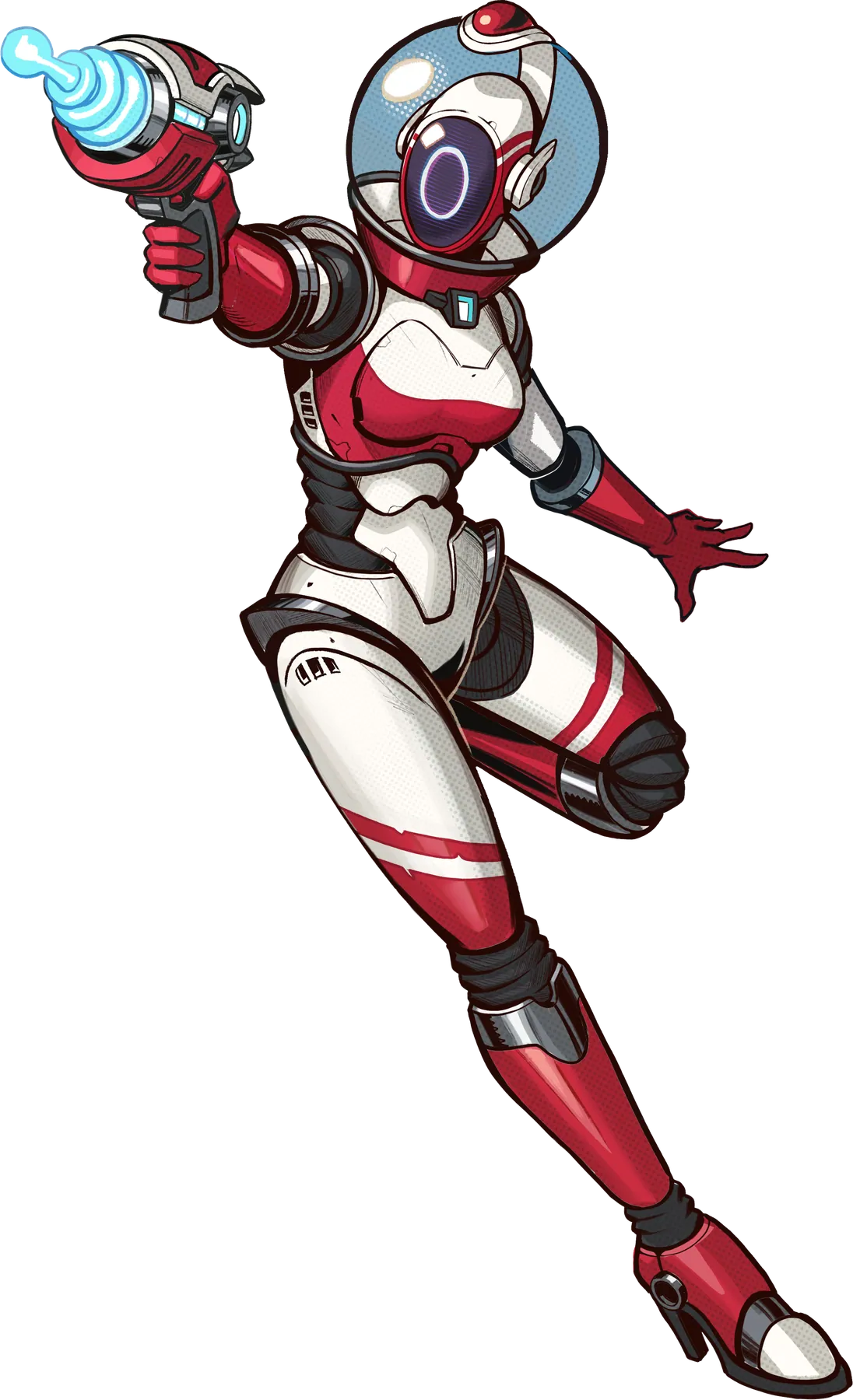 An operative in red and white armour, mid-leap with her raygun raised over the city